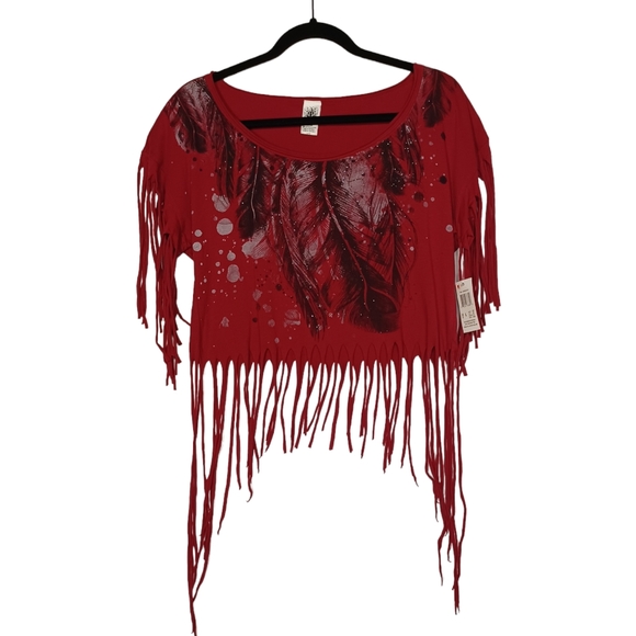 HYBRID Burgundy Red Black Silver Feather Print Fringe Short Sleeve Top Large NWT - Picture 2 of 7